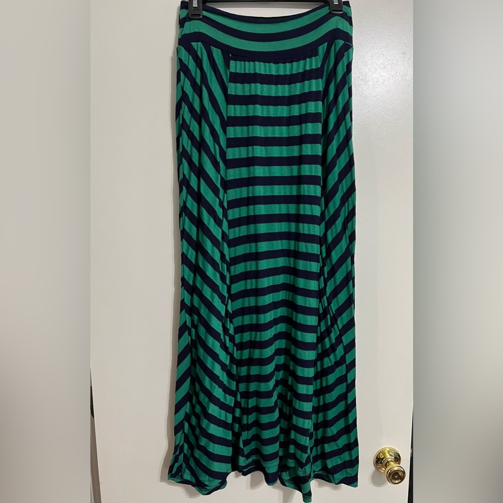Green and navy horizontal striped skirt
